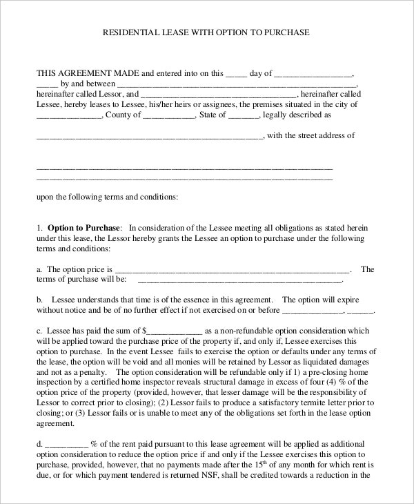 free lease purchase contract printable